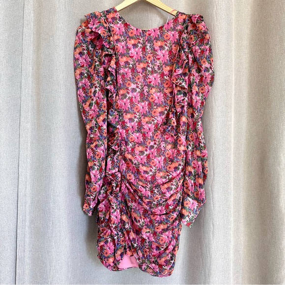 ZARA Floral Draped Mini Pink Dress Crewneck Puff Shoulders XS - Picture 2 of 11